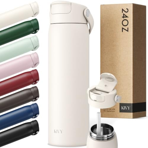 KIVY Botella de acero inoxidable con pajita de 700ml - 24h frío | 12h caliente - A prueba de fugas y apta para lavavajillas - Botella deportiva aislada - Botella térmica - Botella de agua de acero