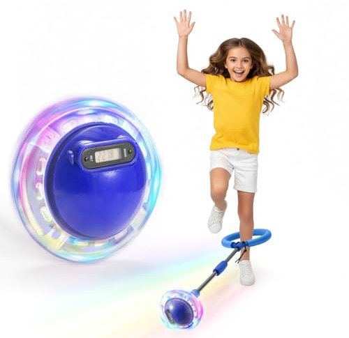 BREEZENEST Ankle Skip Ball with Counter, Timer, Cal Calculator, Foldable Foot Skipping Ball with LED Lights, Portable Sports Jump Rope Toy with Carrying Bag