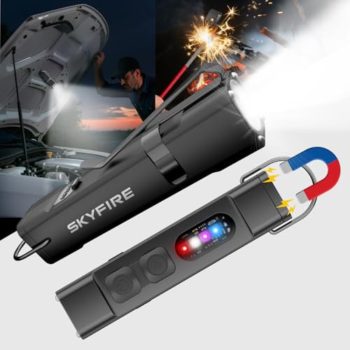 SKYFIRE Paquete de 2 linternas recargables EDC con encendedor eléctrico, clip y base magnética, mini luces de flash con luz LED UV roja y blanca, luz de bolsillo portátil para exteriores, interiores