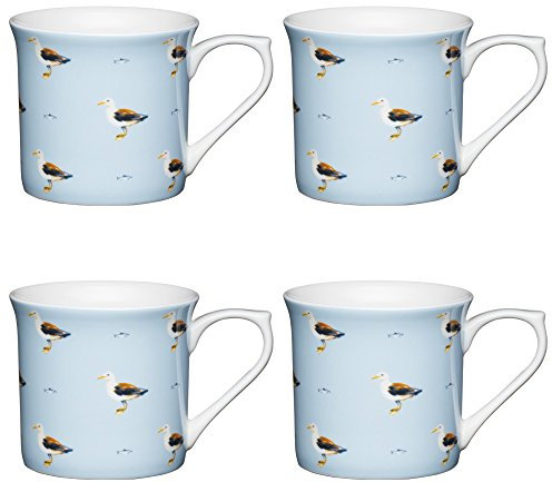 Kitchen Craft AMZKCMFLT05SET4 Schmale Taßen mit Möwen Druck, 300 ml, Porzellan, blau, 8,5 x 11,5 x 8 cm, 4-Einheiten