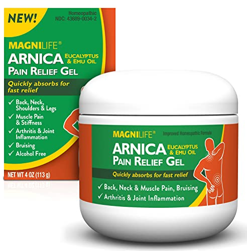 MagniLife Arnica Pain Relief Gel, 4 Oz, Fast-Acting Neck & Back Pain Reliever with Eucalyptus & Emu Oil, Helps Soothe Soreness, Ease Stiffness, Bruising & Discomfort, No Alcohol & Dyes