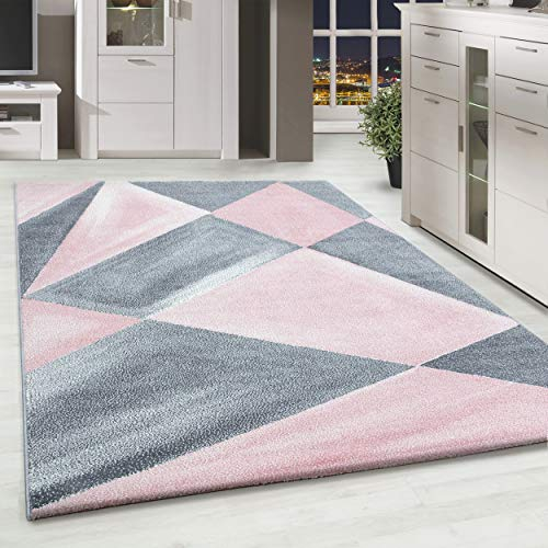 HomebyHome Teppich Wohnzimmer 80x150 cm Läufer Flur Rosa Geometrisch Abstrakt Design - Schlafzimmer Teppich Kurzflor Extra Weich Pflegeleicht Teppiche für Küche Esszimmer Jugendzimmer