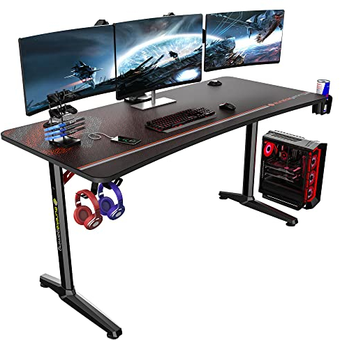 EUREKA ERGONOMIC Gaming Tisch 152×70cm Gaming Schreibtisch Großer Computertisch Ergonomischer PC Tisch Gamer mit Kopfhörerhaken, Getränkehalter für Home Office