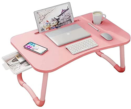 Bureau pour ordinateur portable, plateau de lit avec tiroir de rangement, bureau pliable pour ordinateur portable avec porte-gobelet, table portable pour adultes/étudiants/enfants - Rose