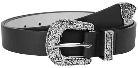 Eohak Westerngürtel für Damen, Cowgirl, PU-Leder-Taillengürtel mit Vintage-geschnitzter Schnalle und Spitzen, für Jeans, Hosen, Kleider, Schwarz, M