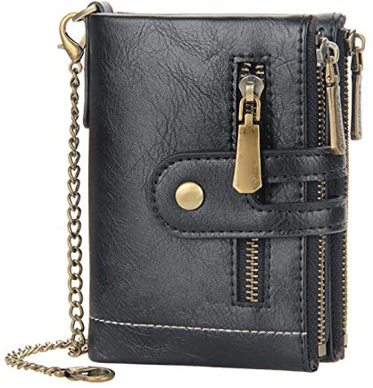 HelloCreate Portafoglio da uomo con catena anti-smarrimento, in pelle PU, con doppia cerniera e tasca per monete, Nero , M, alla moda