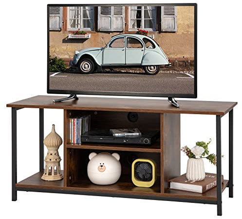 COSTWAY Mesa de TV de hasta 50 Pulgadas, Centro de Entretenimiento Retro con Estante Ajustable y 2 Agujeros de Cables, Muebles de Madera la Sala, Dormitorio, 110x 40x49,5 cm, Marrón Rústico