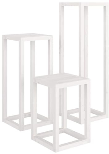 vidaXL Wooden Plant Stand Set - White 3 Piece Solid Pine Wood Outdoor Shelf Rack for Displaying Flowers and Plants in Living Room, Patio, or Garden