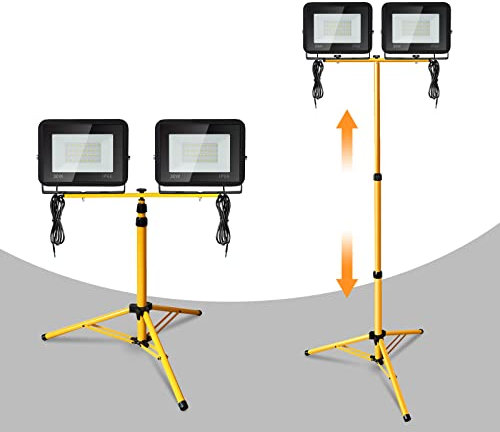 Herrselsam LED Baustrahler mit Stativ, 2x50W LED Strahler Arbeitsscheinwerfer, 3000K Warmweiß 4250LM Arbeitsleuchte, IP66 Wasserdicht Baulampe Höhenverstellbar (mit 1m Kabel,kein Stecker)