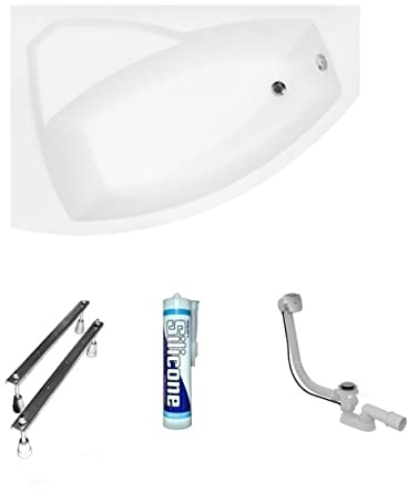 ECOLAM® Badewanne Eckbadewanne Acryl Rima weiß 140x90 cm LINKS Ablaufgarnitur Ab- und Überlauf Automatik Füße Silikon Komplett-Set
