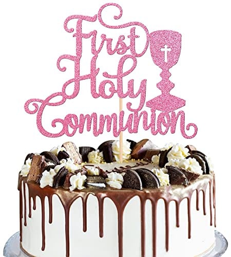 Xsstarmi 1 Pcs First Holy Communion Cake Topper Glitter Christian Baby Baptism God Bless Cake Pick First Communion Baby Shower Party Cake Decorations Supplies Pink