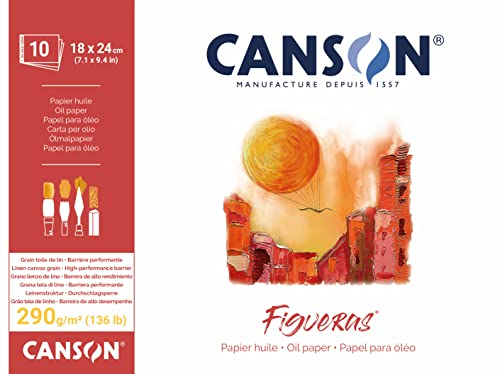 Canson Figueras, Papel óleo, Grano imitación lino, 290gsm, Bloc encolado por lado corto, 18x24cm, Blanco, 10 hojas