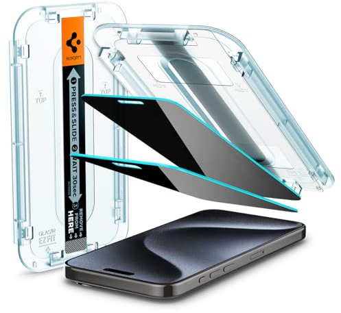 Spigen Glas.tR EZ Fit Filtro Privacidad Protector Pantalla para iPhone 15 Pro, 2 Unidades, Antiespía, Instalación Fácil, Compatible con Funda, Dureza 9H