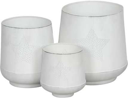 3tlg. Windlicht Stars weiß Shabby chic Metallwindlicht mit Stern Lochmuster (3 Größen)