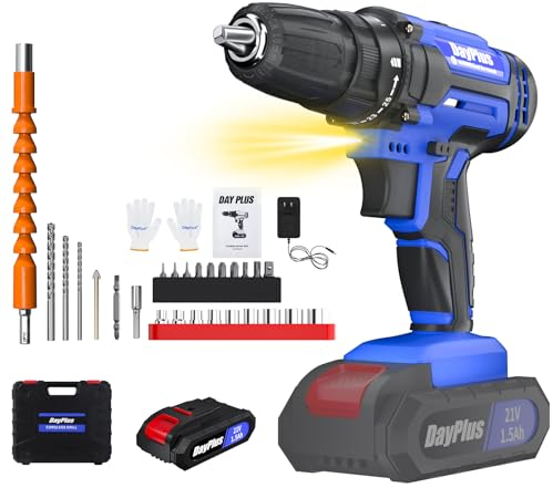 Huini Taladro Bateria 21V, Taladro Atornillador con 1 Baterías 1.5Ah, Atornillador Electrico 25+1 Ajuste de Par, Electrico con 45Nm, 2 Velocidad, 26Accesorios, LED Luz Para Hogar, Bricolaje