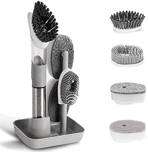 Qezodsx Dish Cleaning Brush-Soap Dispensing Dish Brush Set & 4 Replacement Heads Storage Holder for Dish Pot Pan Sink-Grey
