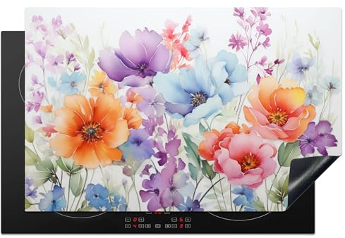 KitchenYeah© Protezione Piano Induzione 80x52 cm Cucina Copri Fornelli Proteggi di Cottura Antiscivolo Tappetino Acquerello - Fiori - Primavera - Natura