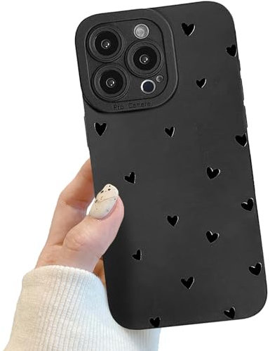 Compatible for iPhone 15 Pro Max Case, Black Cute Heart Case Design for Women Girls, Soft TPU Slim Profile, Anti-Slip Shockproof Protective Phone Cover for iPhone 15 Pro Max