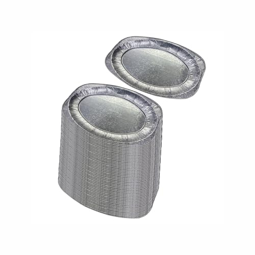 (PACK OF 100) 14 Aluminum Foil Platters, Large Disposable Silver Embossed Foil Oval Food Serving Platter Appetizer Tray, Oven Safe for Buffet Catering Roasting BBQ Parties (14 inches)