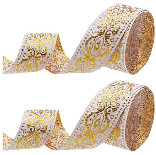 GORGECRAFT Rouleau de Satin Tissé Brodé Ethnique Doré Métallisé 14mX3.3cm Tissu Bohème Double Face Couture Florale Sangle d'emballage Garniture pour Loisirs Créatifs Décoration de Rideau de Maison