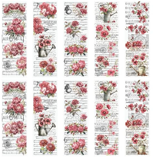 WANDIC 10 Blatt Transfer-Aufkleber, Vintage-Stil, rosa Blumen-Aufkleber mit Schriftzug, Möbel-Blumenaufkleber für Tisch, Wasserflasche, DIY, Handwerk, 30 x 9,9 cm