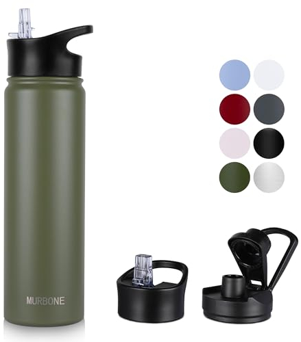 MURBONE Insulated Water Bottle, 750ml Stainless Steel Drink Flask with Straw, BPA Free, Leakproof Double Walled Vacuum Water Bottle with 2 Lids (Straw and Spout), Army Green