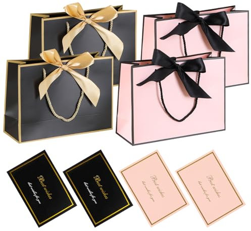 JSTHHTT 4 Stück Geschenktüten, Geschenktaschen mit Schleifenbändern, Geburtstag Geschenktüte mit Henkel, für Geburtstage, Hochzeiten, Babypartys, Partys und Geschenke (Schwarz, Rosa)