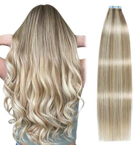 SUYYA Tape Extensions Echthaar,Invisible Tape in Extensions Echthaar Seidig Gerade Remy Tape Haarverlängerungen Echte Menschliches Haar 18 Zoll 45cm 20 Stück 50G #18/613 Aschblond mit Bleichblond