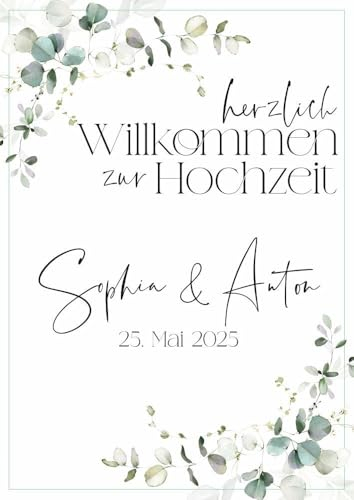 Miss Lovely Willkommens-Schild Hochzeit personalisiert mit Namen des Brautpaares & Hochzeits-Datum - personalisierte Hochzeits-Deko für den Empfang A2 42,0cm x 59,4cm - Eukalyptus Blätter Hochformat