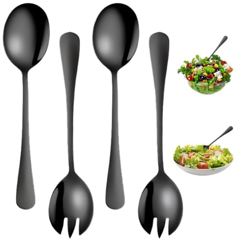 4 Stück Salatbesteck Schwarz, Salatbesteck Set 2 Stück Salatlöffel und 2 Stück Salatgabel, Poliert und Geschliffen Antihaftbeschichtet Edelstahl Salat Server Set für Restaurant, Haus, Hotel, Picknick