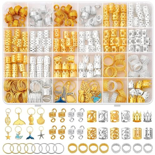 PnxdeobXL 292 Stück Schmuck Haarspiralen Clips,Goldener Haarschmuck für Zöpfe, Dreadlock-Haar-Accessoire-Set, Zubehör für Haargeflechte, zum Schmücken von Damen- Und Herrenhaaren