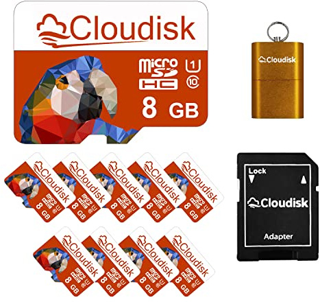 Cloudisk Parrot-Prime Lot de 10 cartes mémoire micro SD 8 Go C10 A1 U1 Micro SDHC avec adaptateur SD, lecteur de cartes (8 Go)