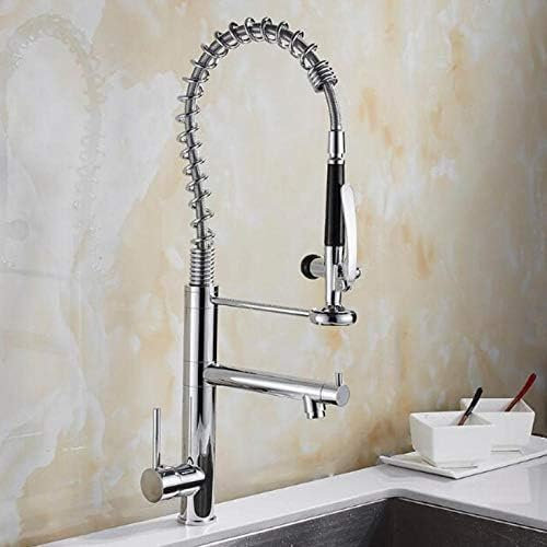 Grifo De Cocina, Grifo De Fregadero De Cocina Con Resorte Extraíble De Latón Cromado Y Plateado, Grifo Mezclador Alto Con Caño Giratorio