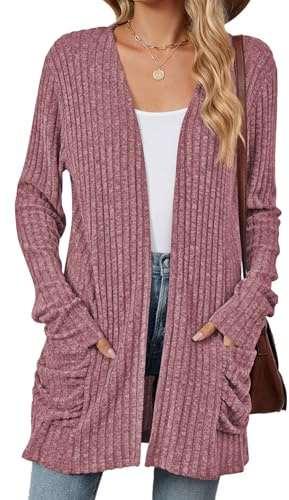 MYCOLORBLUE Strickjacken für Damen Elegant Cardigan Gestrickt Stretch Langarm Strickcardigan Tops mit Taschen Lila XXL