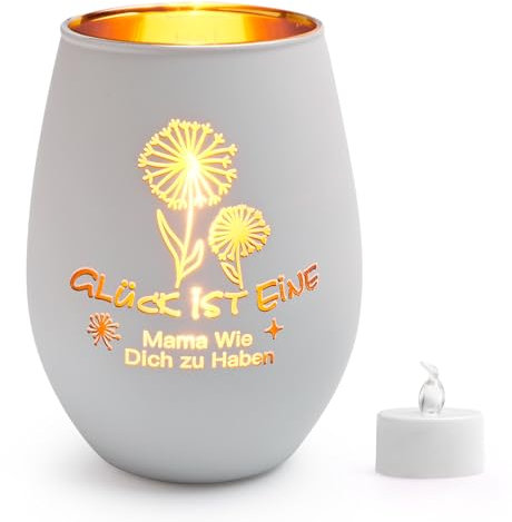 Geschenk für Mama zum Geburtstag, Windlicht aus Glas mit Gravur, Led Kerzen und Glückwunschkarten, Teelichthalter mit Gravur Geschenk für Mama, Personalisierte Geschenke Frauen