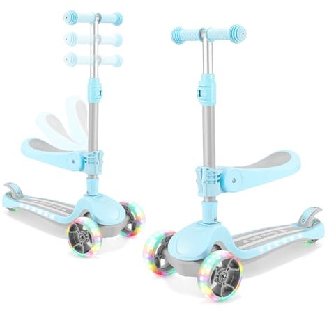 AODI 3-in-1 Kinder Roller Scooter mit Sitz, Roller Kinder Scooter für 2-10 Jahre, Tretroller mit LED Leuchtenden Räder, Höheverstellbare Lenker für Kleinkinder Jungen Mädchen ab 2 Jahre