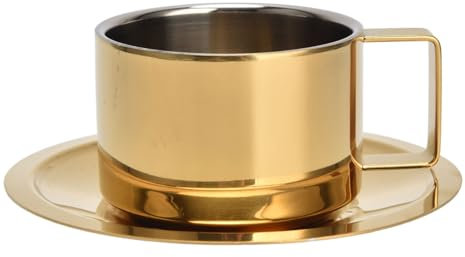 Espressotassen und Untertassen Set, 200ml Edelstahl Kaffeetasse Goldenes Kaffeetassen und Untertassen Set für Kaffee, Latte, Tee, Milch