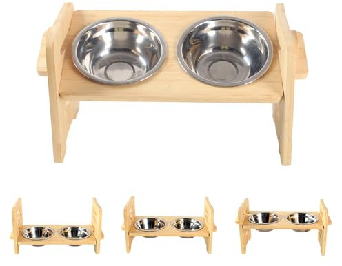 MOXYOY Gamelle Chien Surélevées de 6 Hauteurs Ajustables, Support de Gamelle en Bambou Durable avec 2 Gamelles en Acier Inoxydable, Gamelles Surélevées pour Petits Chiens et Chats