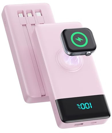 Power Bank 10800mAh con 3 Cavi Integrati & Caricatore per Apple Watch, 6-in-1 Caricatore Portatile 25W PD+QC4.0 Ricarica Rapida USB-C Batteria Esterna con Display LED per i-Watch/iPhone/Samsung-Rosa