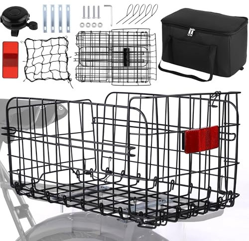 Aodaer Bike Rear Basket with Removable Liner Bag Cargo Net Large Folding Bike Basket Quick Release Metal Ebike Basket Bicycle Storage Basket for Carrying Fruit & Grocery Pets Dogs