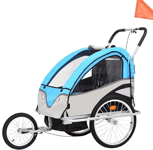 Jog/Ride Barncykelvagn, Cykelsläp för Barn, Dragkrok I Rostfritt Stål, 5-punktsskydd, Stort Lastutrymme(Blue 1)