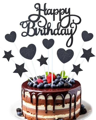 11 Pièces Decoration Gateau Anniversaire Noir, Happy Birthday Cake Topper, Topper Étoile Gateau Deco Gateau Coeur, Décoration de Gâteau pour Fille Garcon Fête Anniversaire Baby Shower Mariage (B)
