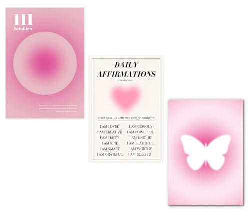 Zocipro 3er Set Bilder Rosa, 30 x 21cm Poster Rosa Farbverlauf Aura Nummer Wandbilder, Aesthetic Poster Schmetterling Inspirierende Zitate Leinwand Bilder für Teen Mädchen Zimmer Deko,Ohne Rahmen