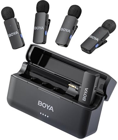 BOYA BY-V4 Microphone Wireless for Camera, 4-Channel Mono Output, Mini Camera Microphone With 3.5mm TRS, Wireless Lavalier Mic for 4 People, Noise Cancelling, 360° Clip Lapel Mic for Video Recroding