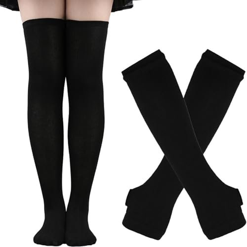 YeeHeen Womens Knee High Socks Arm Warmer Fingerless Gloves Set Long Knitted Gloves Socks Set Black