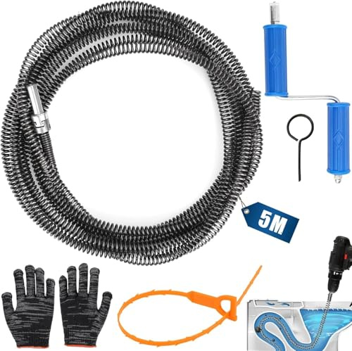 Abflussreiniger Spirale Rohrreinigungsspirale Ø10mm x 5m Abflussspirale Spülbecken Reinigungshaken Spirale Abfluss Rohrreinigung mit Kurbel Bohraufsatz für Abwasserkanäle
