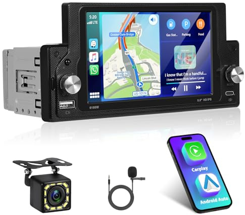 1 Din Bluetooth Autoradio con Carplay Android Auto, Motorsi 5,9 Pollici 2.5D IPS Touchscreen Radio Auto con Schermo, Stereo Auto Supporto MirrorLink/FM/EQ/USB/Type-C/SWC + Telecamera Posteriore