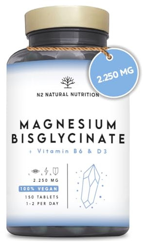 Magnesio Bisglicinato 2250 mg/Día, 450mg de Magnesio Elemental + B6 + D3 para Reducir el Cansancio y la Fatiga. 150 Comprimidos de Alta Absorción, hasta 5 Meses de Suministro. N2 Natural Nutrition