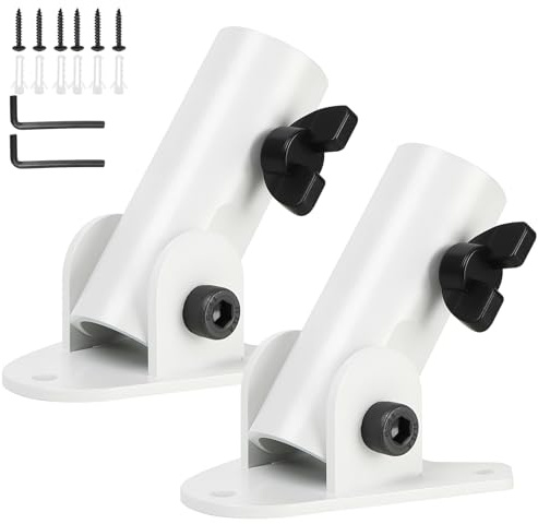 Support de fixation pour mât métallique, lot de 2 pièces - avec fonction de réglage de l'inclinaison, comprenant des accessoires de fixation pour mur, clôture et jardin - blanc