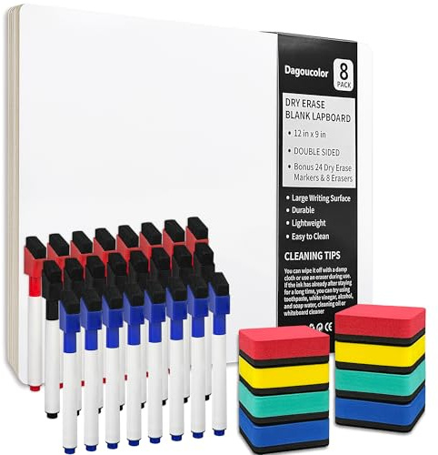 DagouColor Double Face Portable Tableau Blanc (8 Pack), 30.5 * 22.9cm, 24 Marqueurs D'effacement Sec, 8 Gommes Pour Design, école, Maison, Bureau